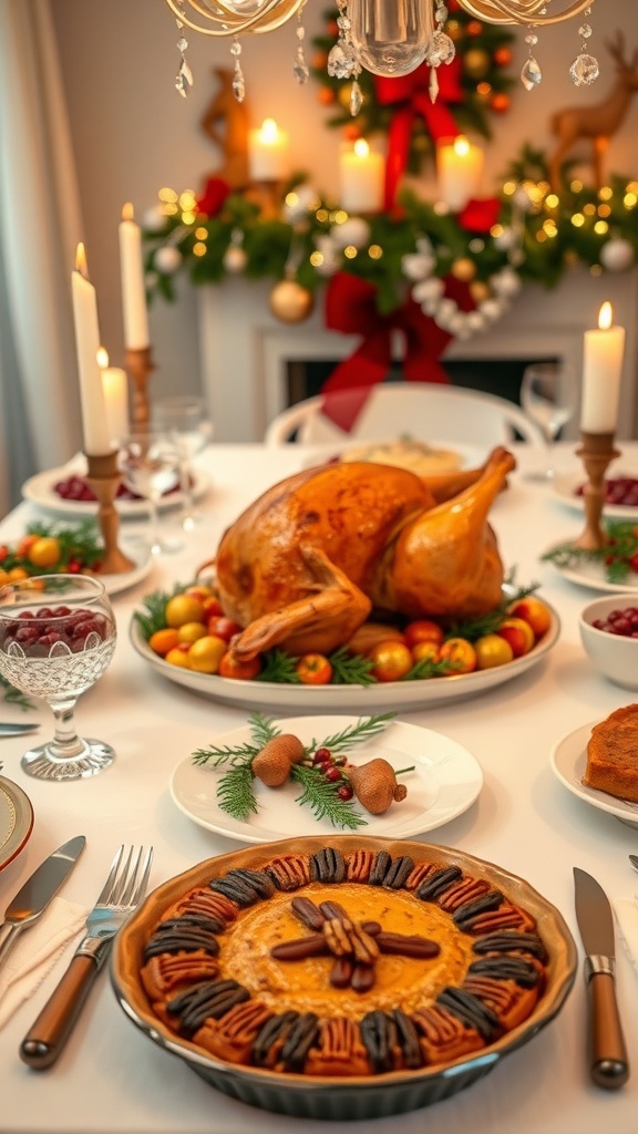 A festive Christmas Eve dinner table with roast turkey, seasonal vegetables, cranberry sauce, and pie.